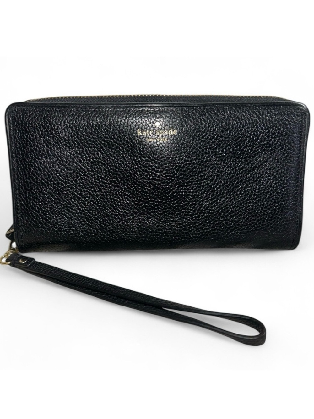 kate spade Black Pebbled Leather Zip Wristlet Wallet with Strap